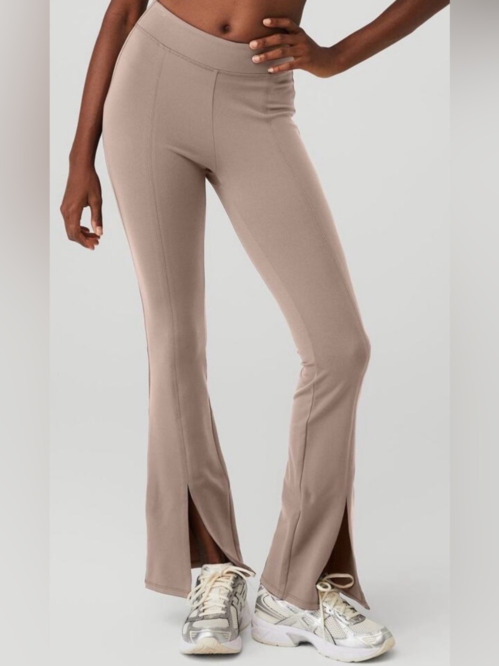 ALO Yoga Taupe High-Rise Flare Leg Pants with Front Slits